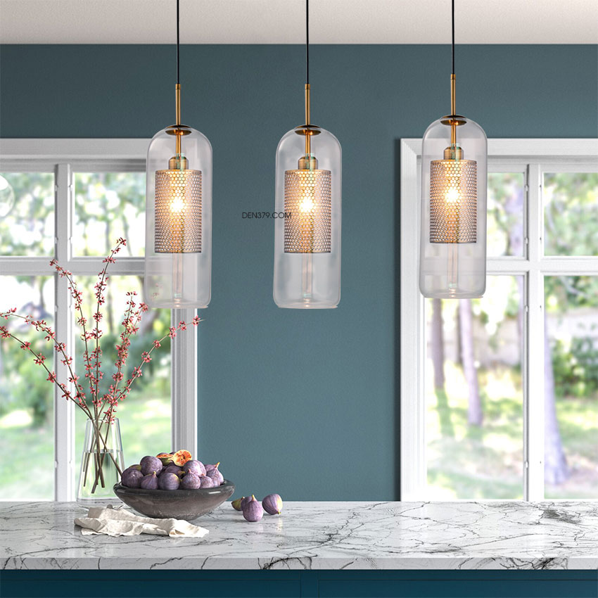 Đèn thả thủy tinh trang trí lưới hợp kim mạ đồng D3060
