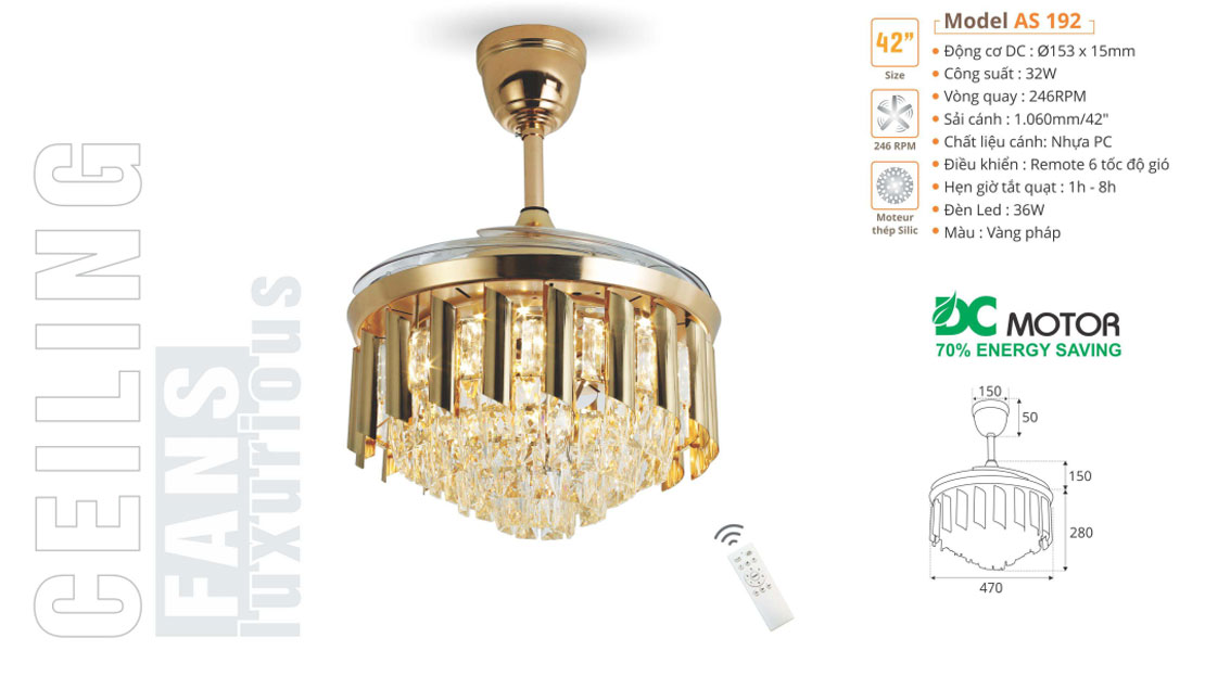 Đèn quạt pha lê cánh xếp SINWA AS192