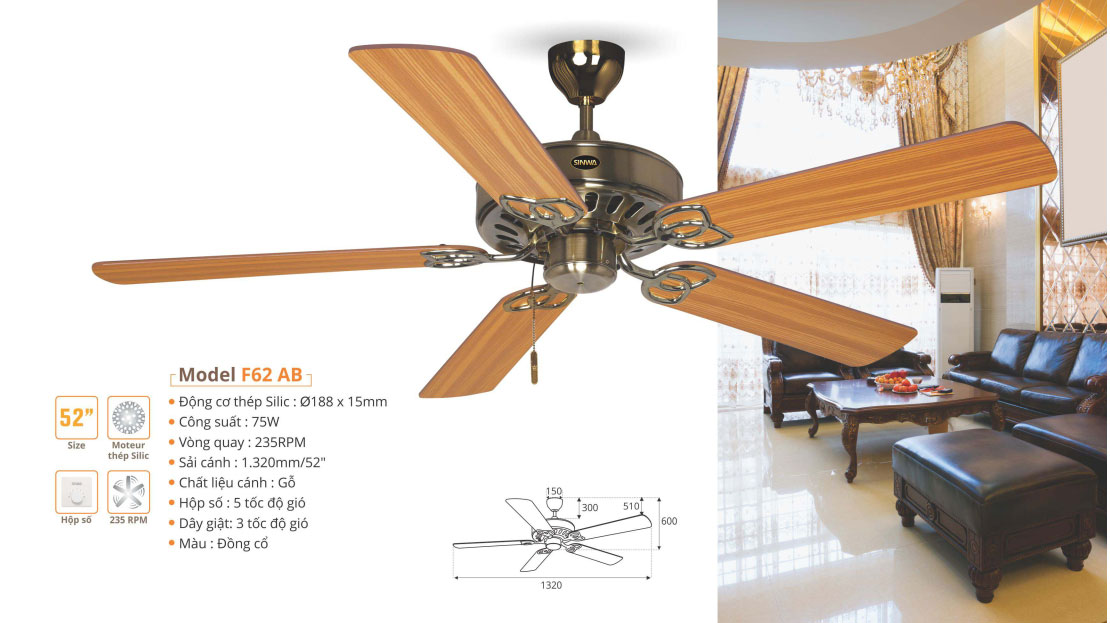 Quạt trần cánh gỗ Sinwa SINWA F62 AB