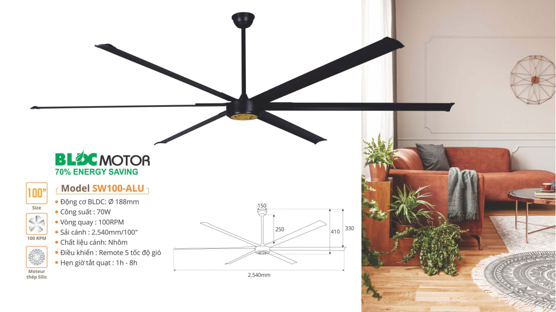 Quạt trần cánh rộng 6 cánh SINWA SW100-ALU