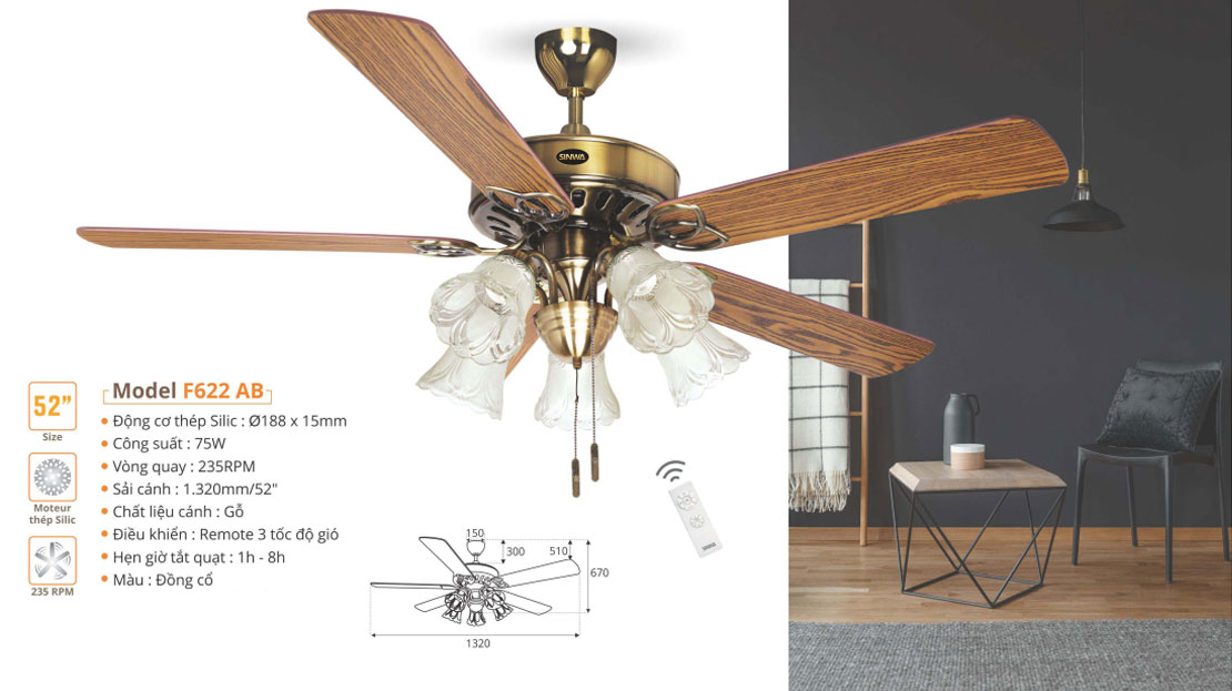 Đèn quạt trần trang trí cánh gỗ SINWA F622 AB