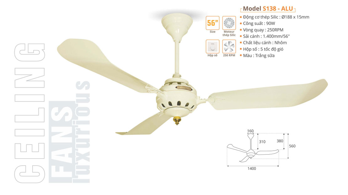 Quạt trần cổ điển cánh gỗ SINWA S138ALU