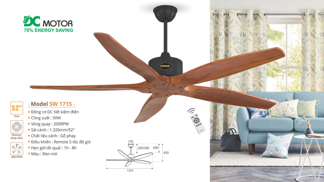 Quạt trần cánh gỗ phay SINWA SW1715