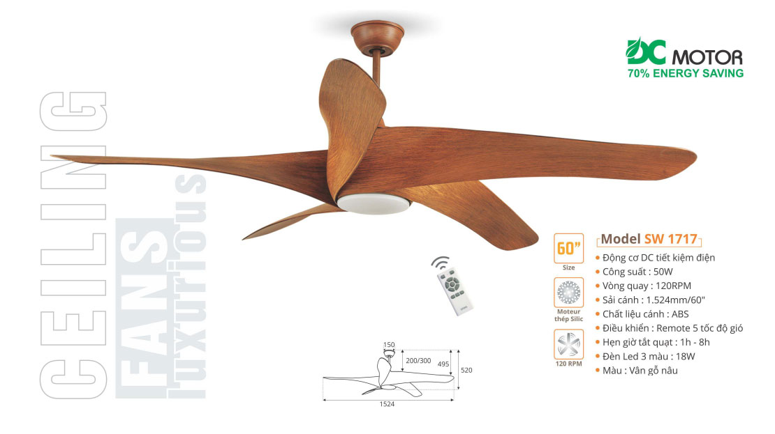 Quạt trần cánh vân gỗ SINWA SW1717
