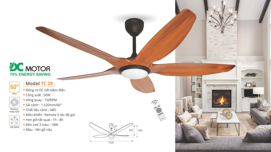 Đèn quạt trần cánh vân gỗ SINWA TC19