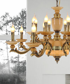 Đèn chùm đồng chao đá Tân cổ điển 16 tay
