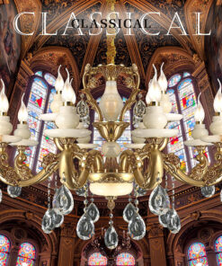 Đèn chùm đồng chao Đá Ngọc cao cấp cổ biến bóng nến 12 tay