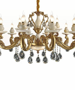 đèn chùm đồng chao đá ngọc bóng nến hạt pha lê cổ điển cao cấp 15 tay