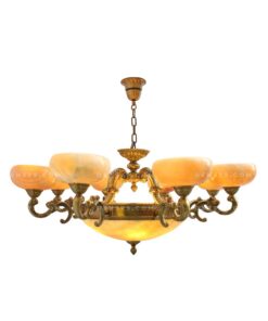 Đèn chùm đồng LT13667 cổ điển, 8 tay, bóng nến, chao đá cao cấp