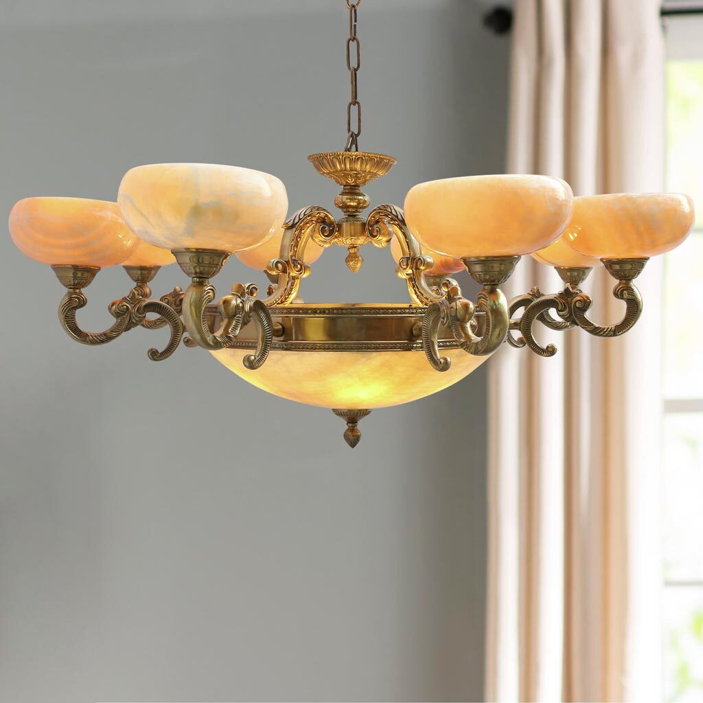 Đèn chùm đồng LT13667 cổ điển, 8 tay, bóng nến, chao đá cao cấp