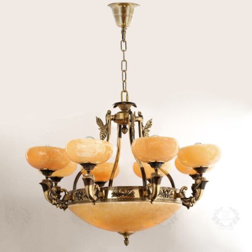 Đèn chùm đồng K1113/8 cổ điển, 8 tay, bóng nến, chao đá cao cấp