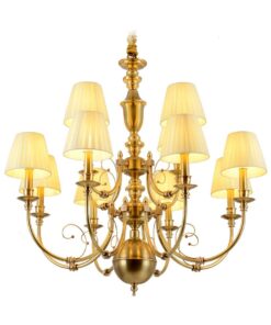 Đèn chùm đồng cao cấp MDS250717/12: 12 tay, cổ điển, chụp vải lụa
