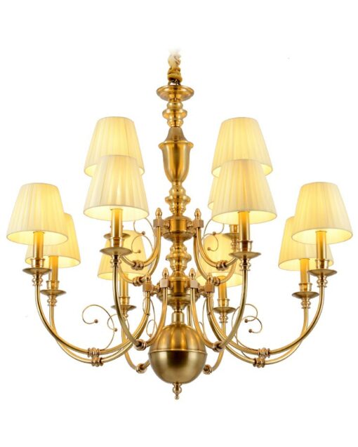 Đèn chùm đồng cao cấp MDS250717/12: 12 tay, cổ điển, chụp vải lụa