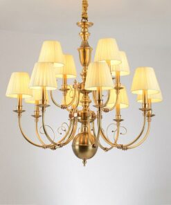 Đèn chùm đồng cao cấp MDS250717/12: 12 tay, cổ điển, chụp vải lụa