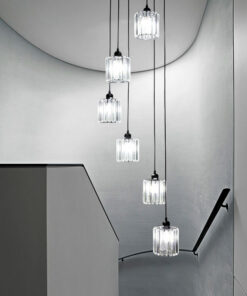 Bộ đèn thả bàn ăn thủy tinh thông tầng cầu thang