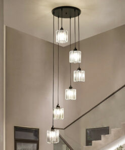 Bộ đèn thả bàn ăn thủy tinh thông tầng cầu thang