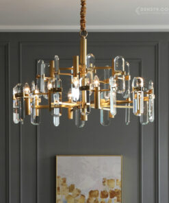 Đèn chùm trang trí pha lê hiện đại VR0886: 12 tay, bóng nến, khung hợp kim màu đồng